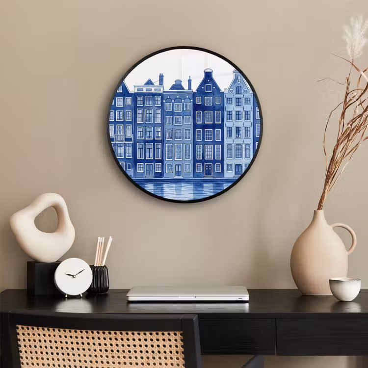 Aquarel - Grachtenpanden - Delfts - Blauw Fotolijst rond zonder passe partout klein -sfeer1