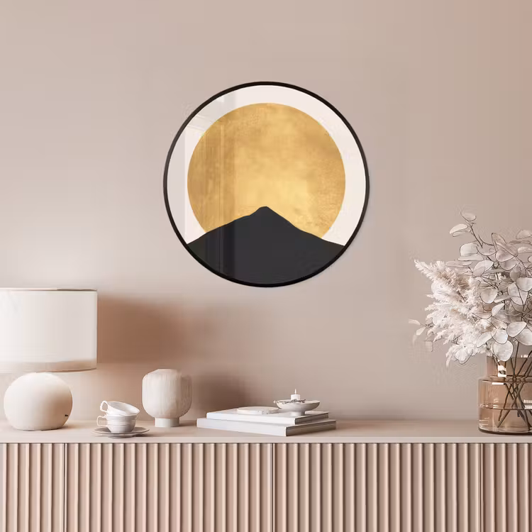 Bergsilhouetten - Gouden cirkel - Beige Fotolijst rond zonder passe partout klein -sfeer3