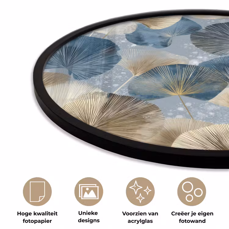 Bladeren - Abstract - Goud - Blauw Fotolijst rond zonder passe partout klein -closeup_NL