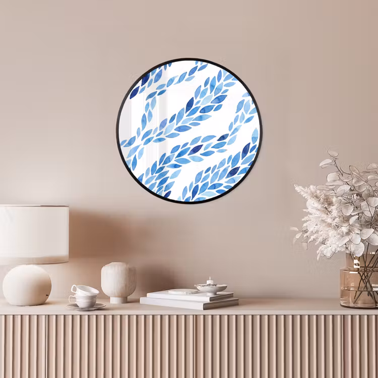 Bladeren - Aquarel - Patroon - Modern - Blauw Fotolijst rond zonder passe partout klein -sfeer3