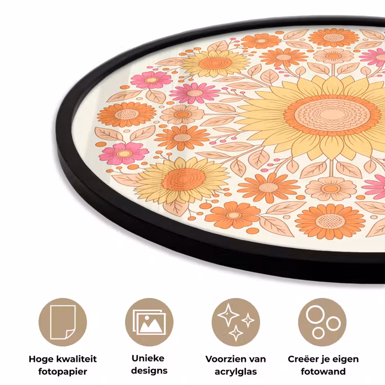 Bloemen - Mandala - Patroon - Kleurrijk Fotolijst rond zonder passe partout klein -closeup_NL
