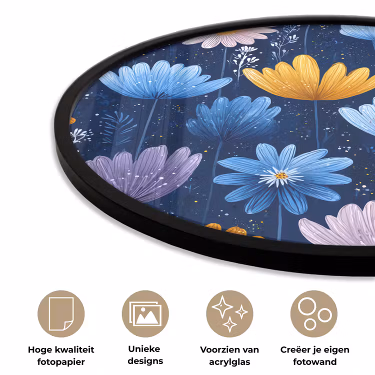 Bloemen - Patroon - Blauw - Contrast Fotolijst rond zonder passe partout klein -closeup_NL