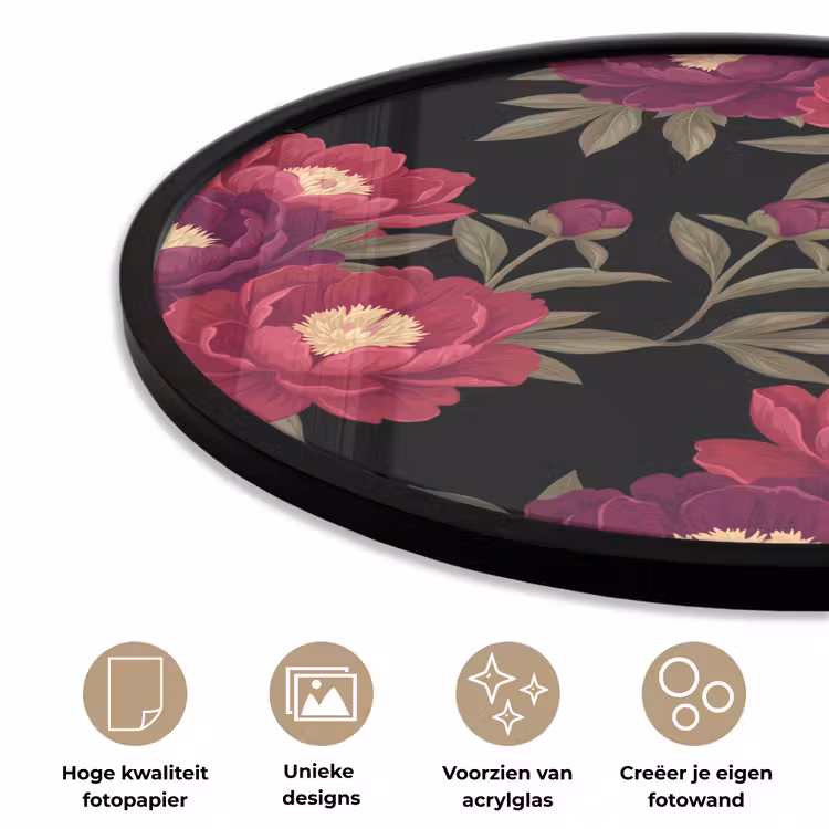 Bloemen - Patroon - Botanisch - Rood - Zwart Fotolijst rond zonder passe partout klein -closeup_NL
