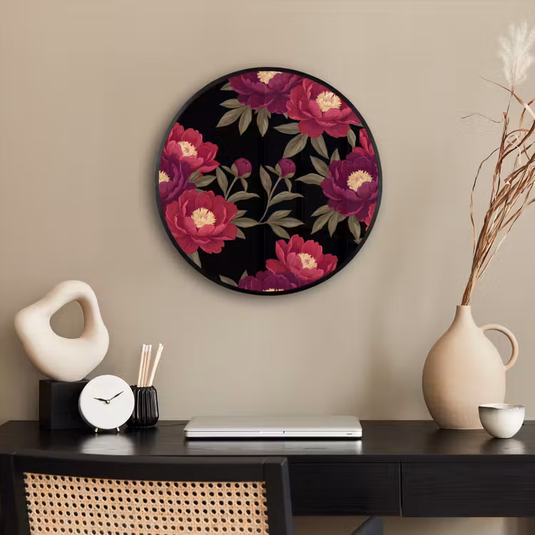 Bloemen - Patroon - Botanisch - Rood - Zwart Fotolijst rond zonder passe partout klein -sfeer1