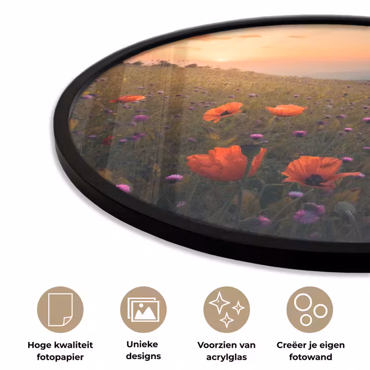 Bloemenveld - Gras - Bloemen - Planten - Zonsondergang - Oranje Fotolijst rond zonder passe partout klein -closeup_NL
