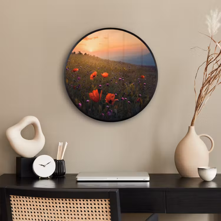 Bloemenveld - Gras - Bloemen - Planten - Zonsondergang - Oranje Fotolijst rond zonder passe partout klein -sfeer1