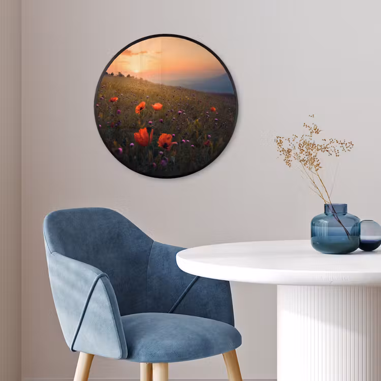 Bloemenveld - Gras - Bloemen - Planten - Zonsondergang - Oranje Fotolijst rond zonder passe partout klein -sfeer2