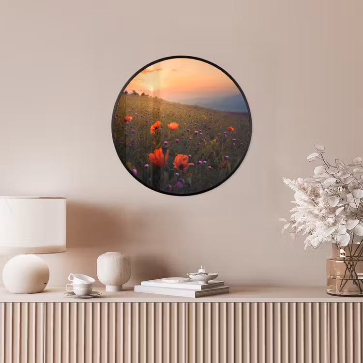 Bloemenveld - Gras - Bloemen - Planten - Zonsondergang - Oranje Fotolijst rond zonder passe partout klein -sfeer3
