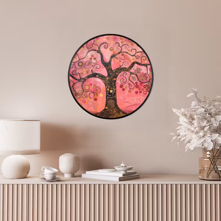Boom - Levensboom - Roze - Goud Fotolijst rond zonder passe partout klein -sfeer3