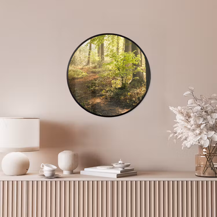 Bos - Bomen - Pad - Zon - Planten - Bladeren - Natuur Fotolijst rond zonder passe partout klein -sfeer3