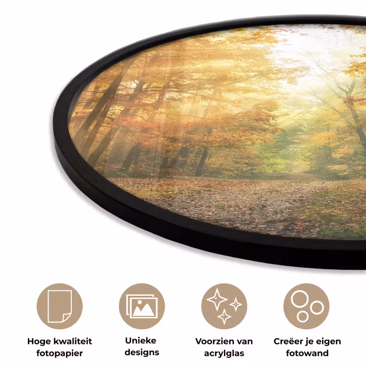 Bos - Herfst - Zon - Landschap - Natuur - Bomen - Bladeren Fotolijst rond zonder passe partout klein -closeup_NL