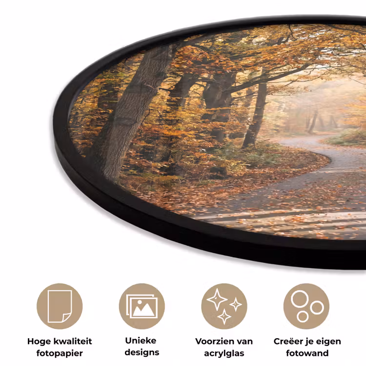 Bospad - Herfstbos - Bladeren - Oranje - Nostalgisch Fotolijst rond zonder passe partout klein -closeup_NL