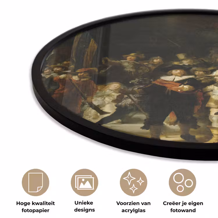 De Nachtwacht - Kunst - Oude meesters - Rembrandt Fotolijst rond zonder passe partout klein -closeup_NL