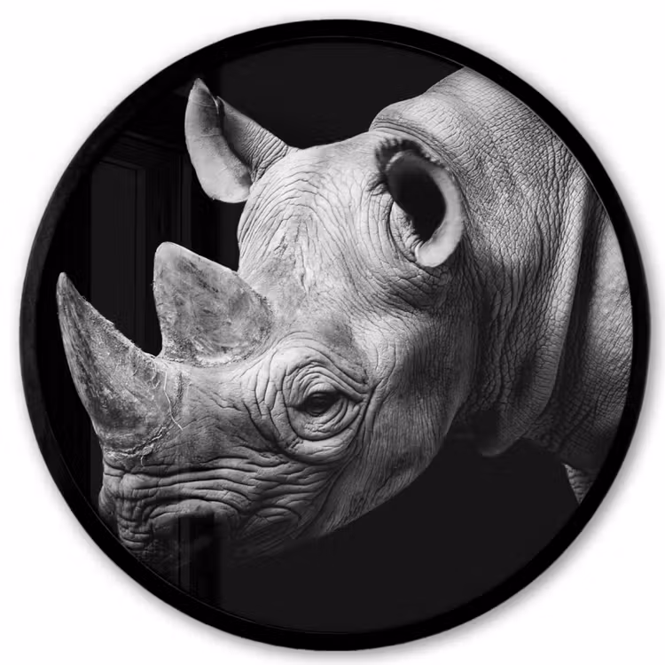 Dieren - Neushoorn - Zwart - Wit - Portret Fotolijst rond zonder passe partout klein -3d
