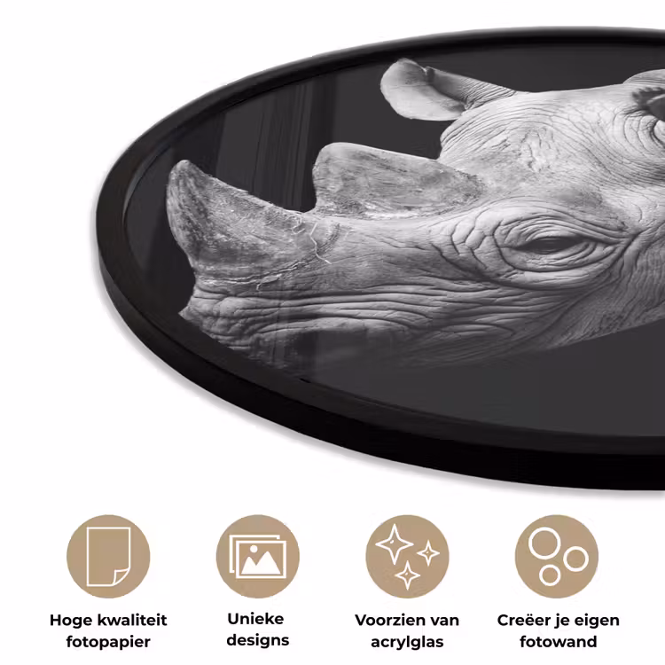 Dieren - Neushoorn - Zwart - Wit - Portret Fotolijst rond zonder passe partout klein -closeup_NL
