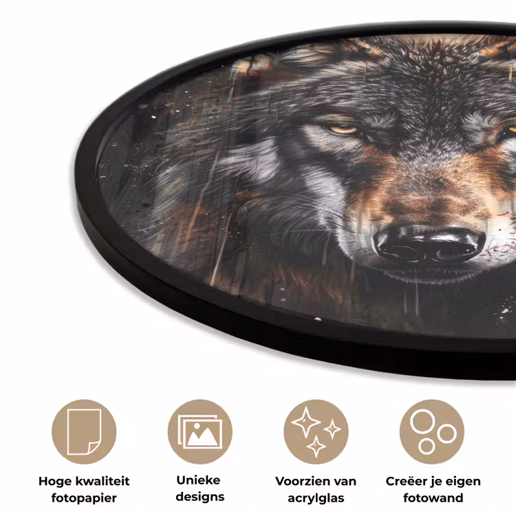 Dieren - Wolf - Portret - Zwart - Bruin Fotolijst rond zonder passe partout klein -closeup_NL