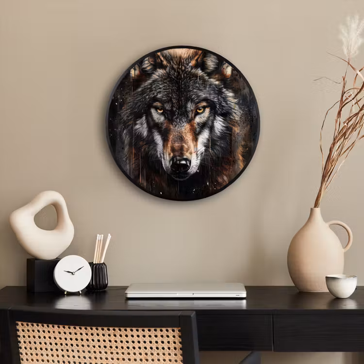 Dieren - Wolf - Portret - Zwart - Bruin Fotolijst rond zonder passe partout klein -sfeer1