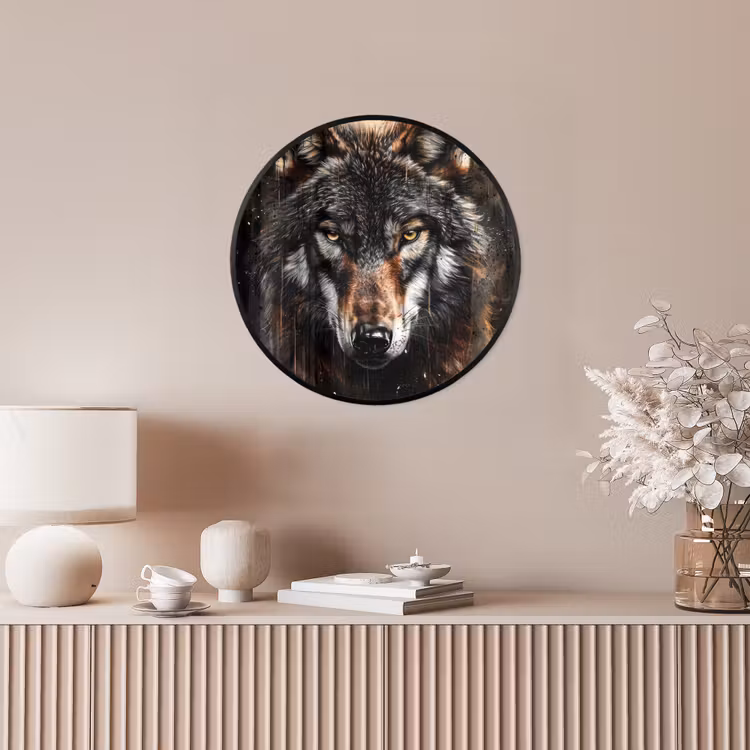 Dieren - Wolf - Portret - Zwart - Bruin Fotolijst rond zonder passe partout klein -sfeer3