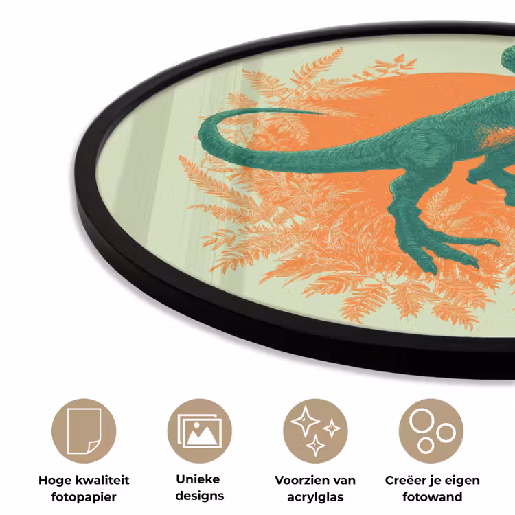 Dinosaurus - Groen - Planten - Cirkel Fotolijst rond zonder passe partout klein -closeup_NL