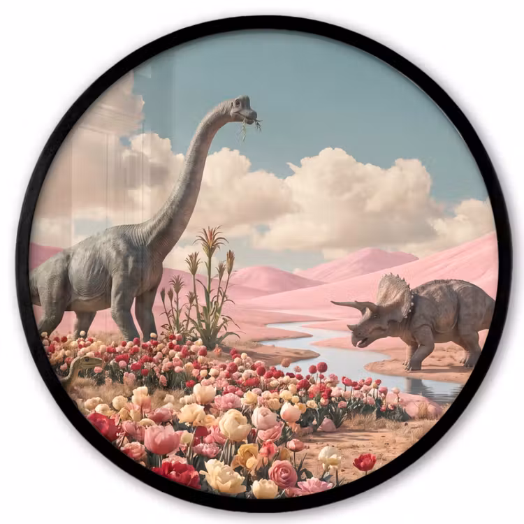 Ronde fotolijst - Dinosaurus - Roze - Landschap - Dinosaurus - Roze - Landschap Fotolijst rond zonder passe partout klein