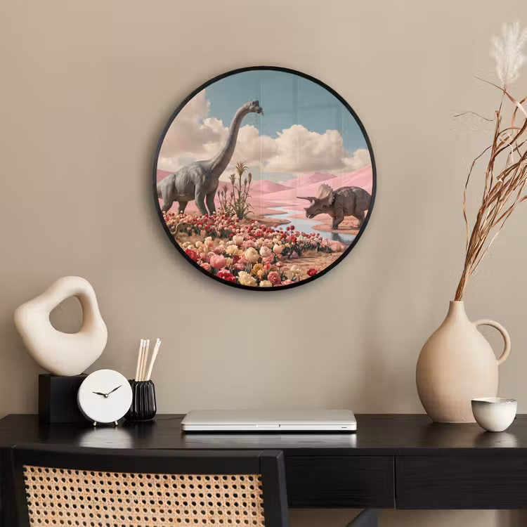 Ronde fotolijst - Dinosaurus - Roze - Landschap - Dinosaurus - Roze - Landschap Fotolijst rond zonder passe partout klein