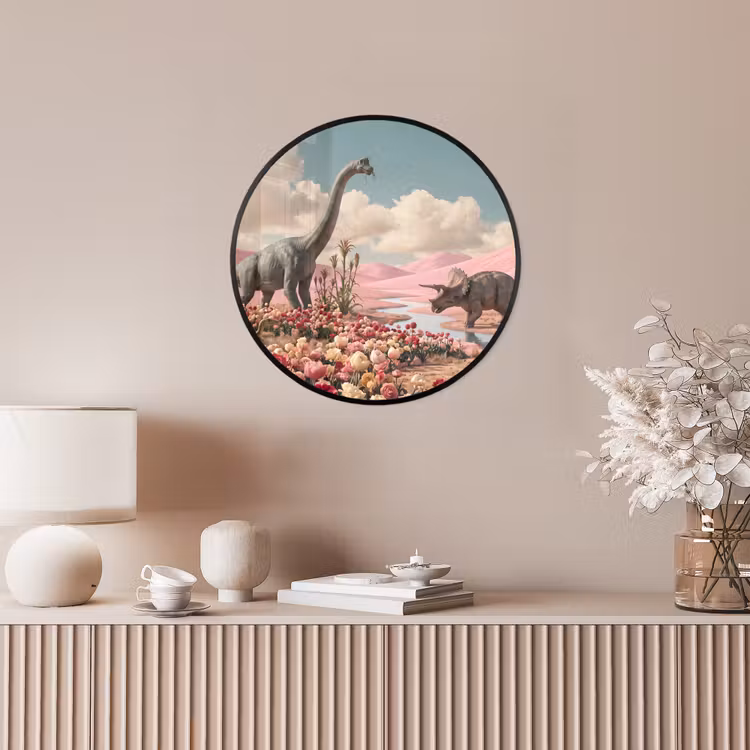 Ronde fotolijst - Dinosaurus - Roze - Landschap - Dinosaurus - Roze - Landschap Fotolijst rond zonder passe partout klein