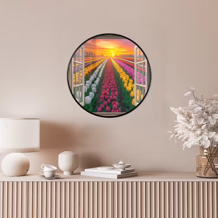 Doorkijk - Bloemen - Tulpen - Kleurrijk - Zonsondergang Fotolijst rond zonder passe partout klein -sfeer3