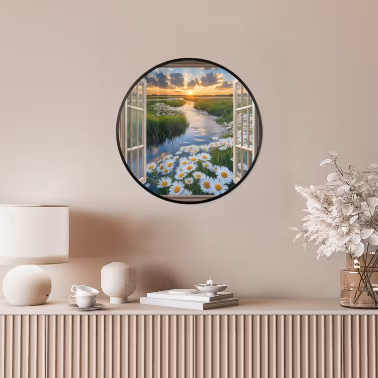 Doorkijk - Landschap - Raam - Water - Zonsondergang Fotolijst rond zonder passe partout klein -sfeer3