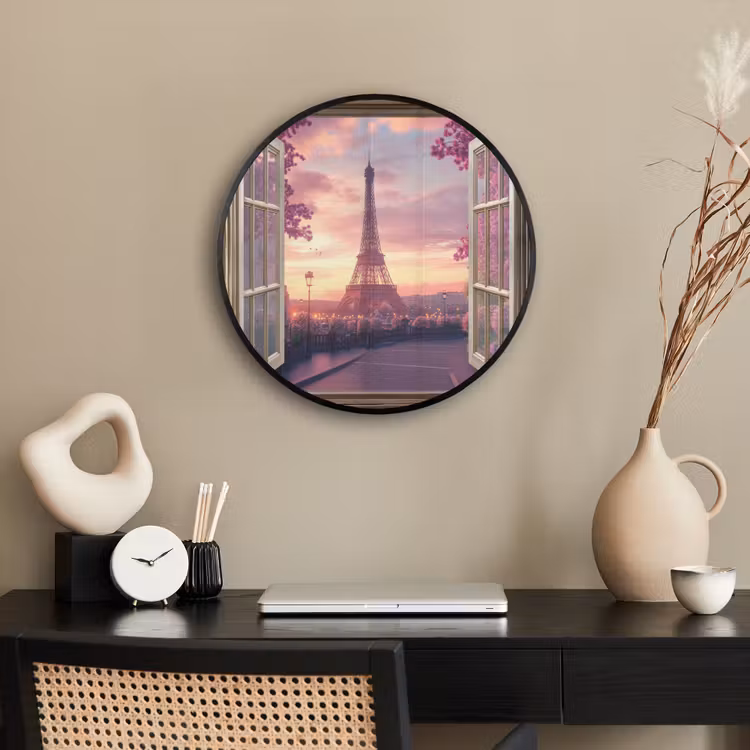Doorkijk - Parijs - Eiffeltoren - Roze - Kersenbloesem Fotolijst rond zonder passe partout klein -sfeer1