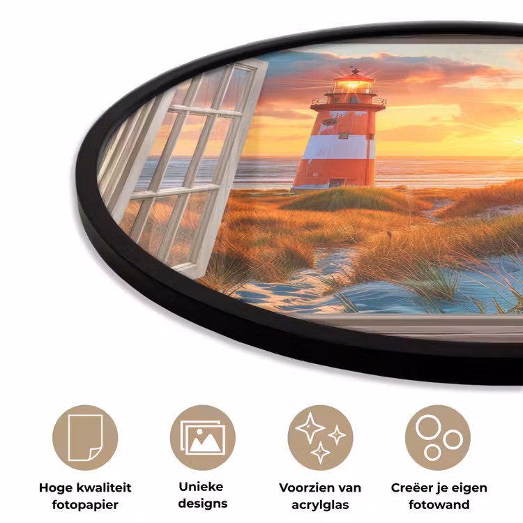 Doorkijk - Raam - Vuurtoren - Zonsondergang - Strand Fotolijst rond zonder passe partout klein -closeup_NL