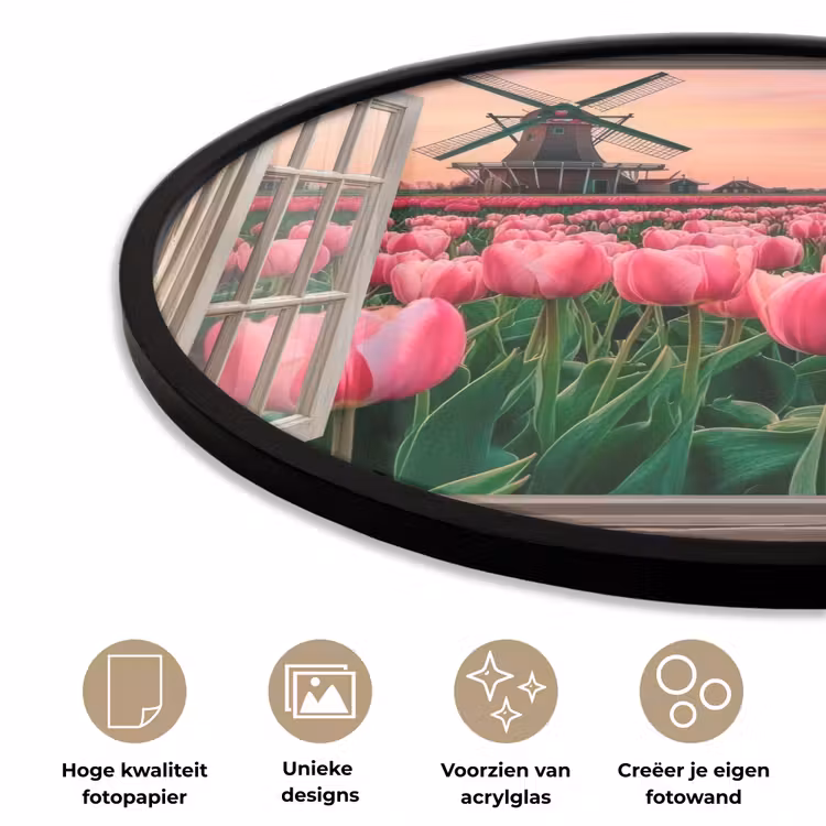 Doorkijk - Tulpen - Bloemen - Molen - Raam Fotolijst rond zonder passe partout klein -closeup_NL