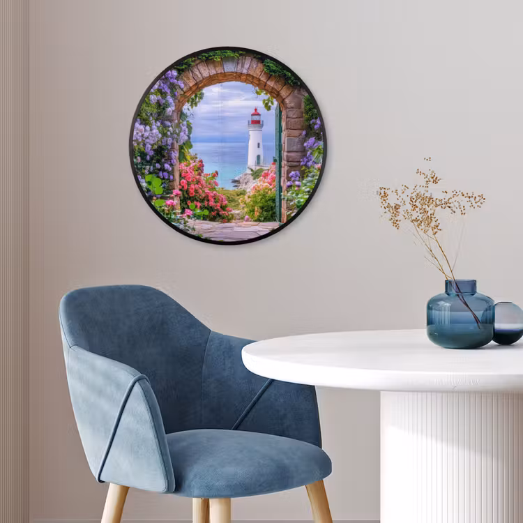 Doorkijk - Vuurtoren - Bloemen - Uitzicht Fotolijst rond zonder passe partout klein -sfeer2