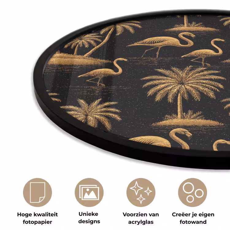 Flamingo - Palmbomen - Tropisch - Goud - Zwart Fotolijst rond zonder passe partout klein 856 -closeup_NL