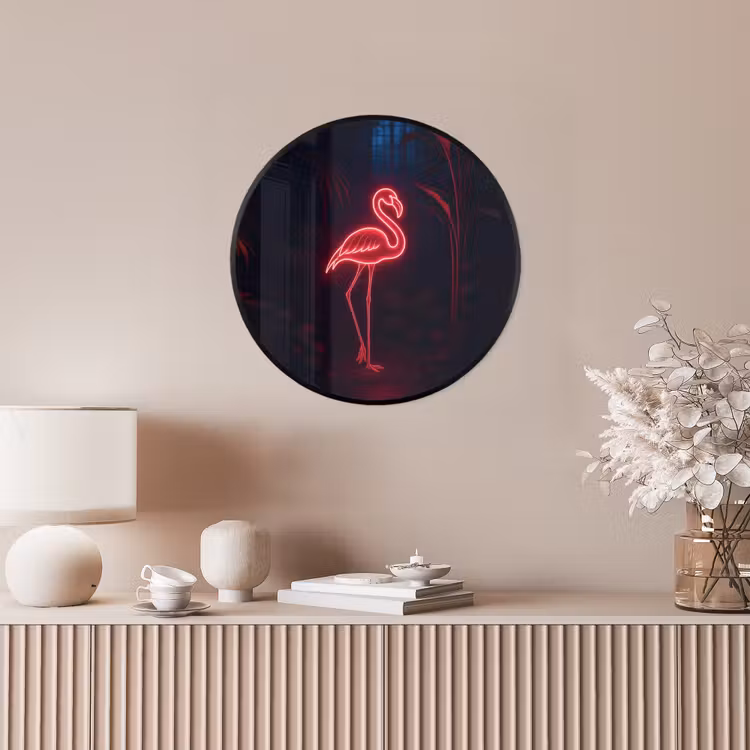 Flamingo - Roze - Neon - Licht Fotolijst rond zonder passe partout klein -sfeer3