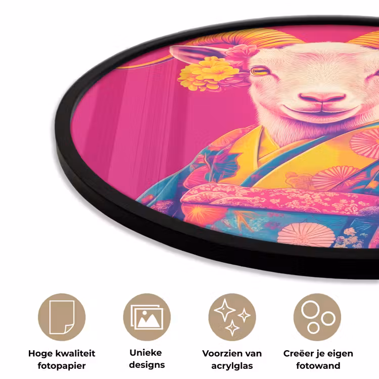 Geit - Hoorns - Kimono - Kleurrijk Fotolijst rond zonder passe partout klein -closeup_NL
