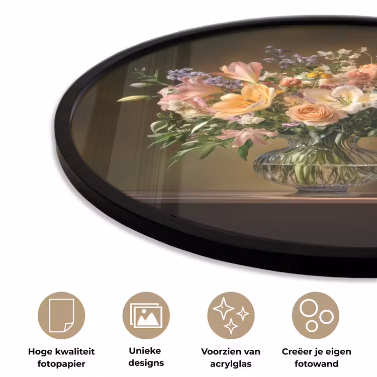 Glazen - Bloemen - Boeket - Kleuren Fotolijst rond zonder passe partout klein -closeup_NL