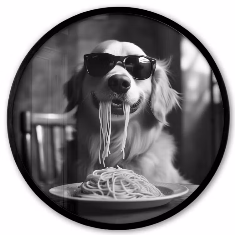 Golden Retriever - Hond - Vrolijk -  Bord spaghetti - Zwart - wit Fotolijst rond zonder passe partout klein -3d