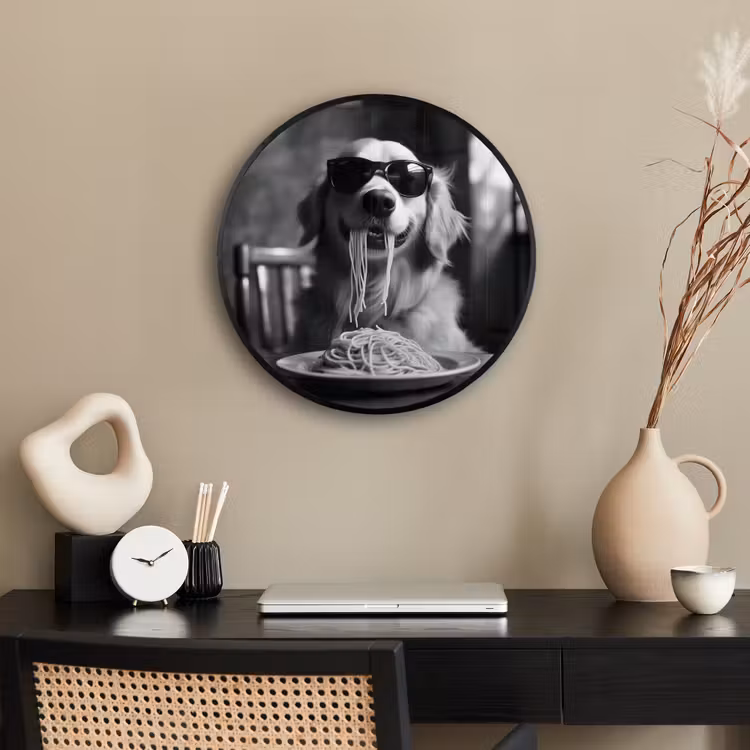 Golden Retriever - Hond - Vrolijk -  Bord spaghetti - Zwart - wit Fotolijst rond zonder passe partout klein -sfeer1