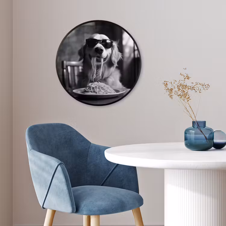 Golden Retriever - Hond - Vrolijk -  Bord spaghetti - Zwart - wit Fotolijst rond zonder passe partout klein -sfeer2