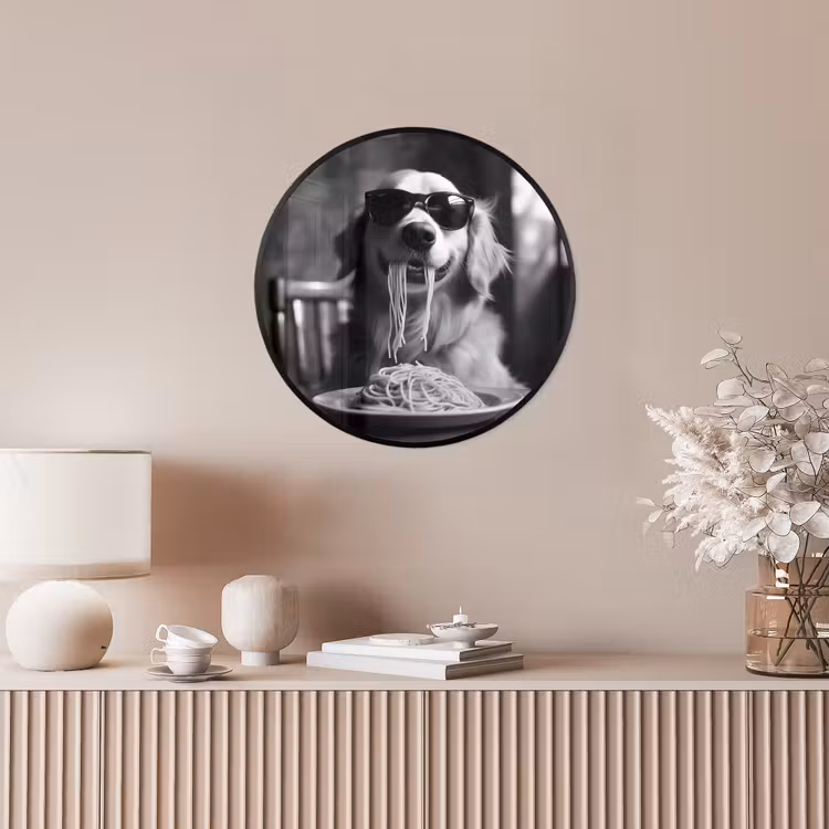 Golden Retriever - Hond - Vrolijk -  Bord spaghetti - Zwart - wit Fotolijst rond zonder passe partout klein -sfeer3
