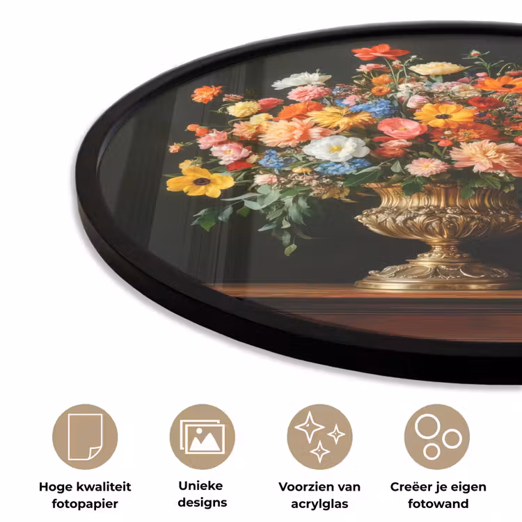 Goud - Bloemen - Kleuren - Vaas Fotolijst rond zonder passe partout klein -closeup_NL