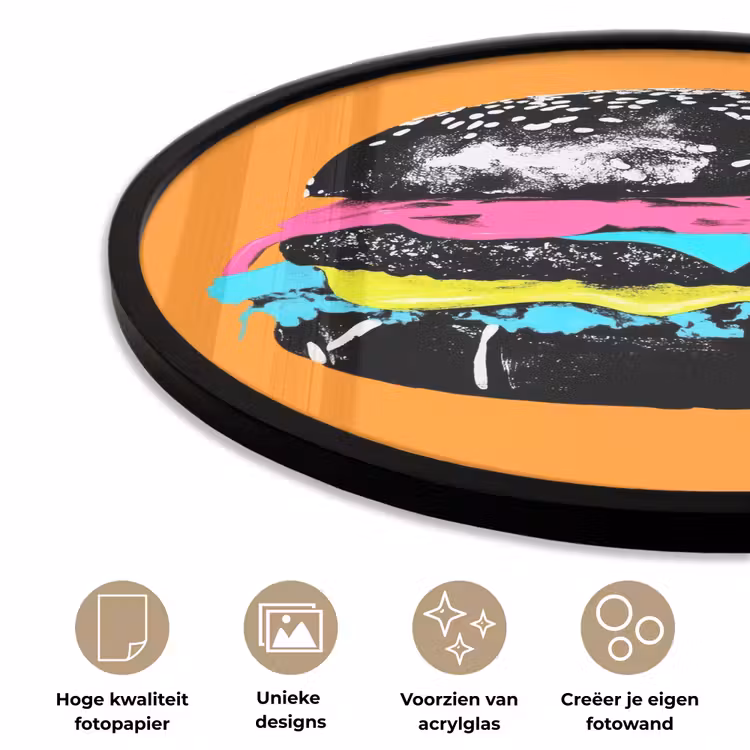 Hamburger - Oranje - Neon - popart Fotolijst rond zonder passe partout klein -closeup_NL