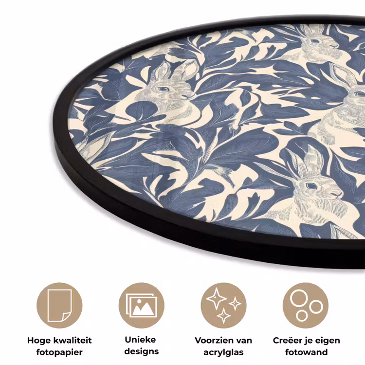 Hazen - Bladeren - Patroon - Blauw - Beige Fotolijst rond zonder passe partout klein 856 -closeup_NL