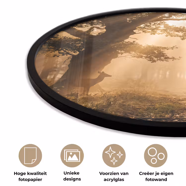 Hert - Bos - Mistig - Natuur - Goud Fotolijst rond zonder passe partout klein -closeup_NL