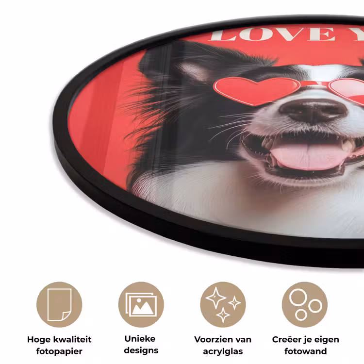 Hond - Hartjesbril - Loveyou - Rood Fotolijst rond zonder passe partout klein -closeup_NL