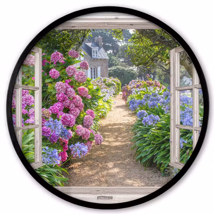 Hortensia - Doorkijk - Bloemen - Zomer - Paars - Pad Fotolijst rond zonder passe partout klein -3d