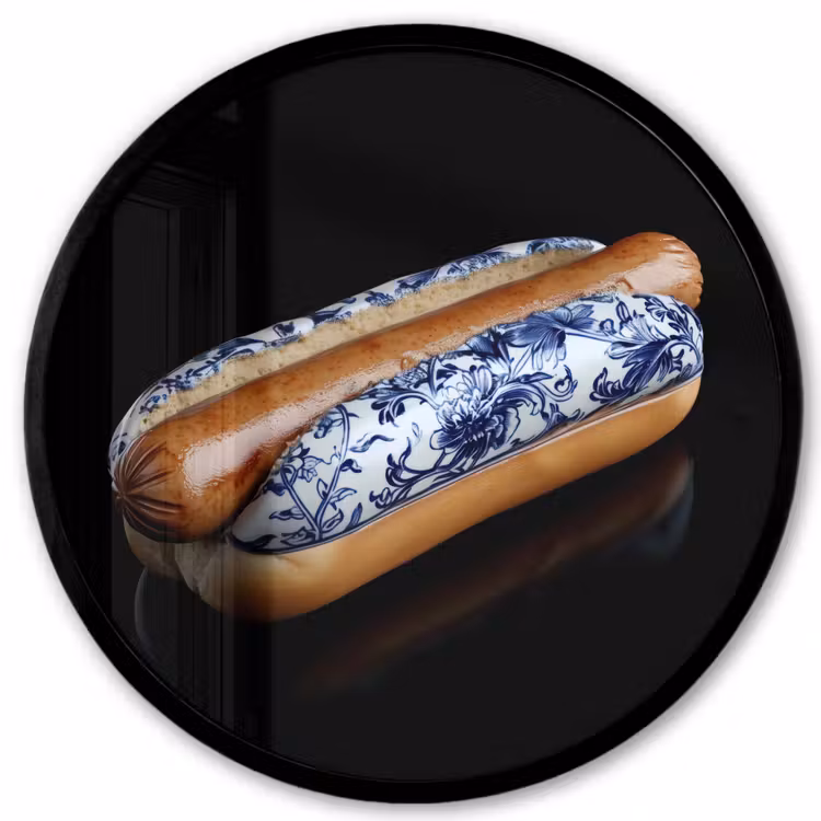 Hotdog - Porselein - Delfts blauw - Eten Fotolijst rond zonder passe partout klein -3d