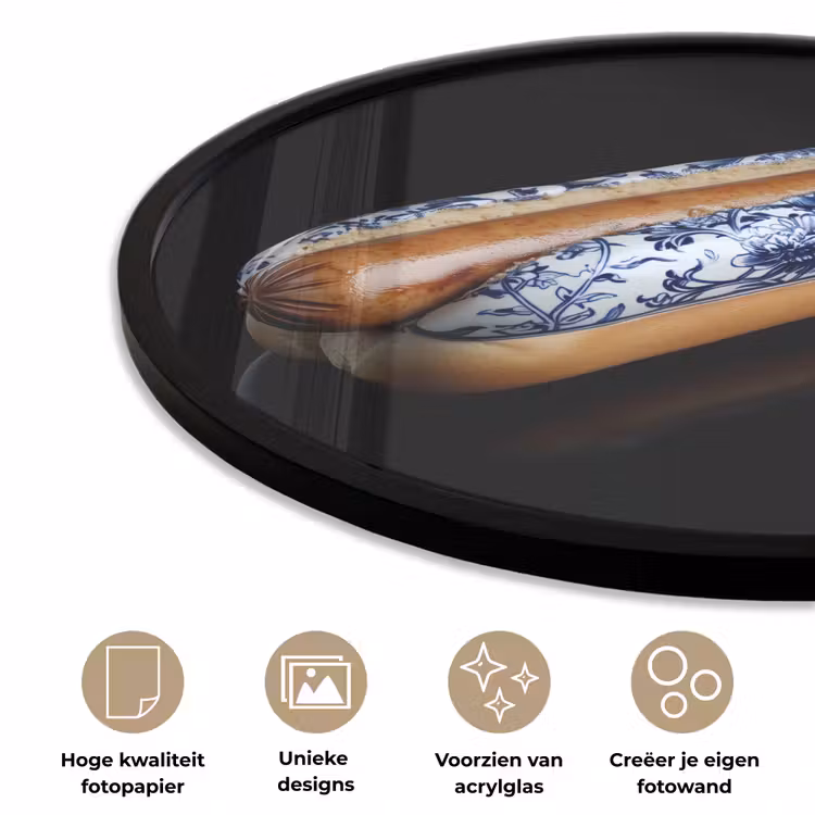Hotdog - Porselein - Delfts blauw - Eten Fotolijst rond zonder passe partout klein -closeup_NL