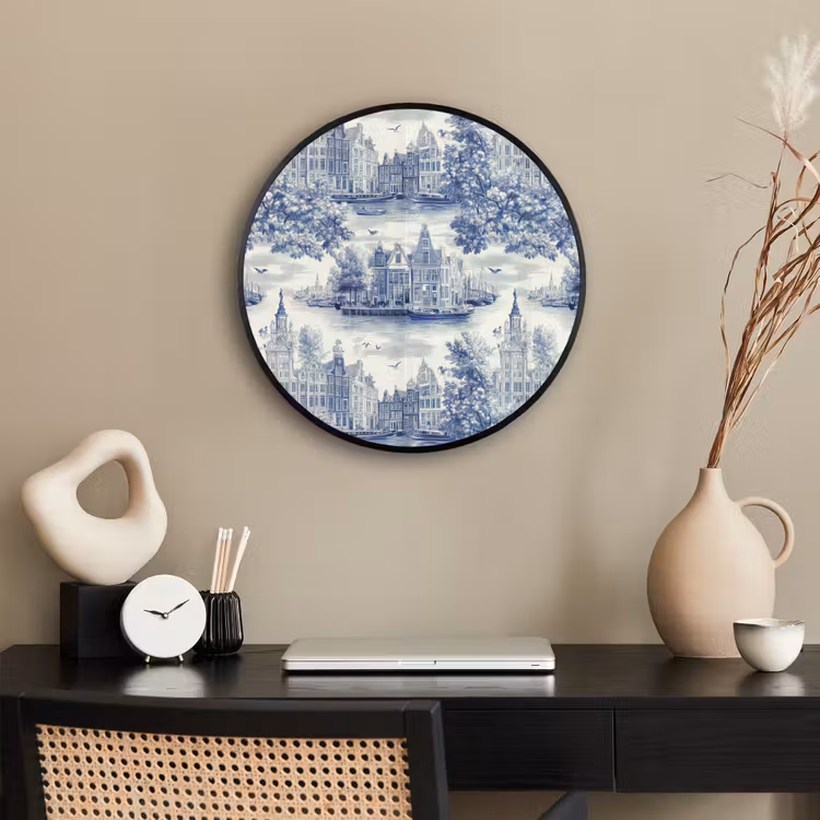 Huizen - Bomen - Water - Vogels - Blauw Fotolijst rond zonder passe partout klein 856 -sfeer1
