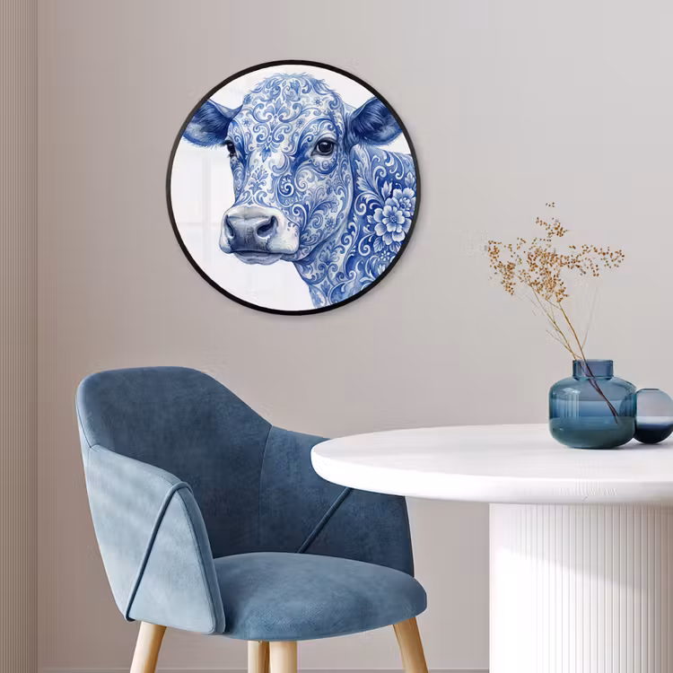 Illustratie - Koe - Blauw Fotolijst rond zonder passe partout klein -sfeer2